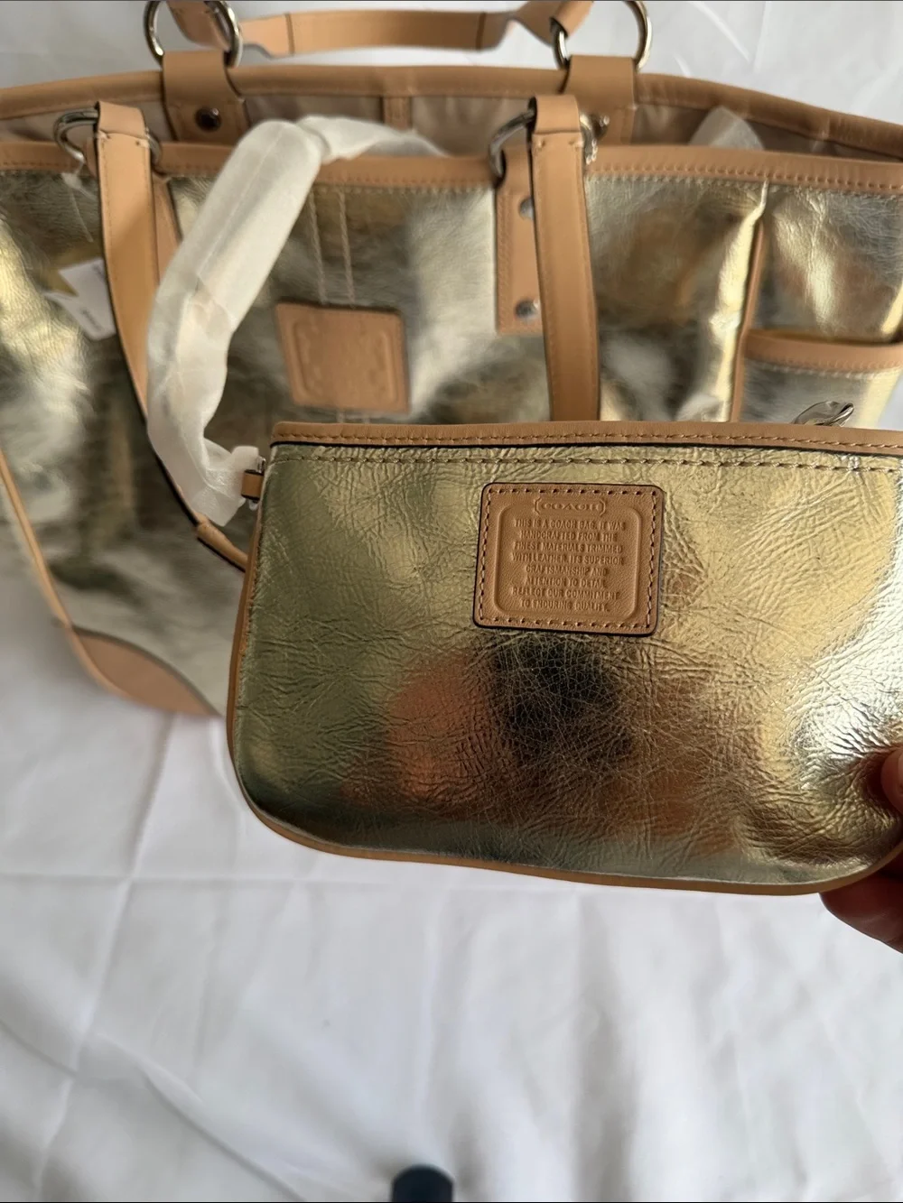 Coach Metallic Gold Tote with Tan Trim